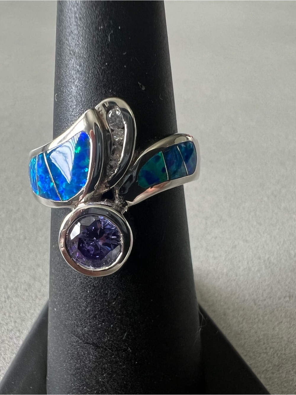 Vintage Atasay Kuyumculuk Sterling Silver Amethyst & Blue Opal Inlay Ring Size 6